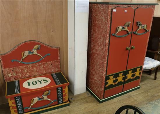 A painted childs wardrobe, bed head and toy box, Wardrobe H.155cm